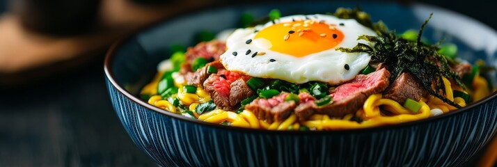 A vibrant bowl of udon noodles topped with sliced beef, a fried egg, and seaweed. The noodles are seasoned with a savory sauce, and the dish is garnished with chopped scallions. This dish is perfect f