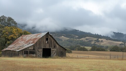 Fototapeta premium A rustic barn with a roof caving in, set against a backdrop of rolling hills and cloudy skies.