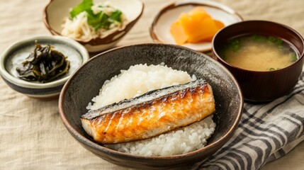 A traditional Japanese breakfast set featuring grilled fish, steamed rice, miso soup, pickles, and a side of nori seaweed.