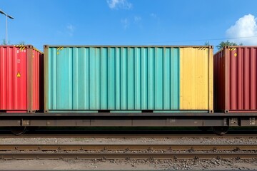 Obraz premium A vibrant image of three cargo containers on a freight train, showcasing a delicate balance of colors. The containers are red, blue, and yellow, representing the diverse nature of global trade. The tr