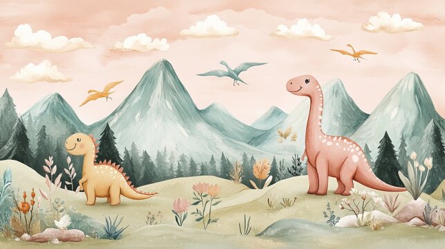 Adorable baby poster featuring playful dinosaurs amidst a serene mountain landscape in pastel hues. A whimsical hand-drawn illustration adds a touch of bohemian flair
