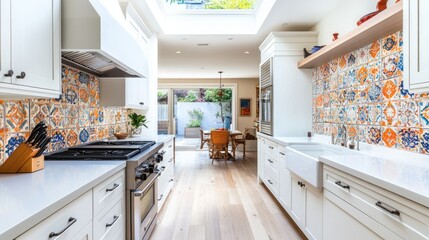 A bright kitchen with a skylight, white cabinets, and a pop of color from the backsplash tiles.
