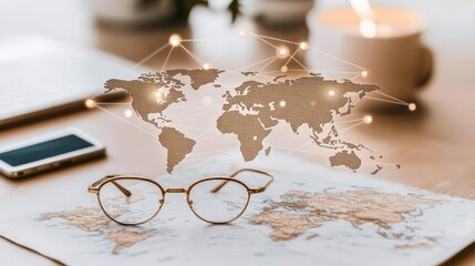 A smartphone in the foreground highlights a digital network overlaying a blurred world map, illustrating global connectivity and communication across borders