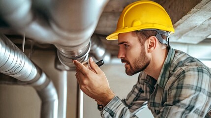 A construction worker inspects plumbing systems in a dimly lit basement wearing a hard hat and checkered shirt