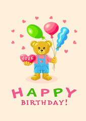 A cute bear cub in a blue jumpsuit and pink T-shirt holds a heart and colorful balloons in its paws and the inscription Happy Birthday to You pink vertical background with hearts. Vector illustration.