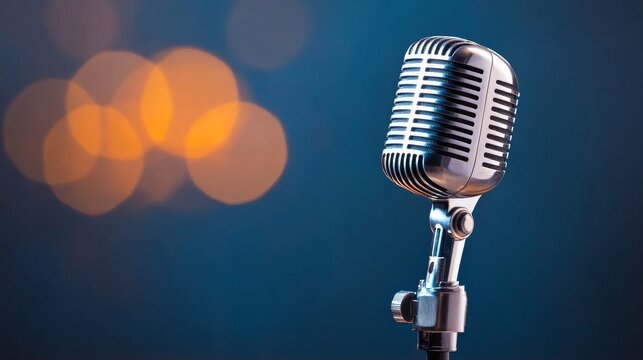 A vintage microphone stands against a blue background with orange and blue bokeh lights. It represents communication, performance, music, nostalgia, and recording.