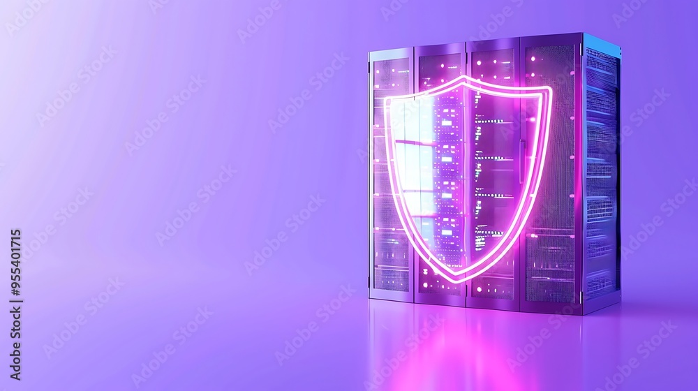Poster digital security shield on a server background with neon lights, representing cybersecurity and data