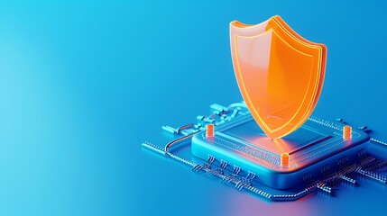 Digital security shield over a computer chip, symbolizing cybersecurity, information protection, and data privacy in a tech environment.