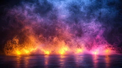 Background of an empty room with smoke and neon light. Dark abstract background