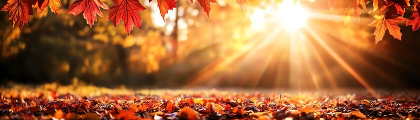 A warm autumn scene featuring colorful leaves and sunlight shining through. Perfect for fall-themed projects and nature backgrounds.