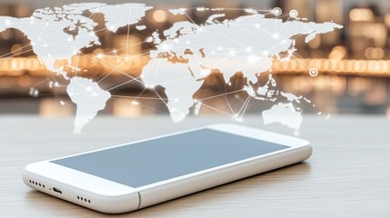 A smartphone in the foreground highlights a digital network overlaying a blurred world map, illustrating global connectivity and communication across borders