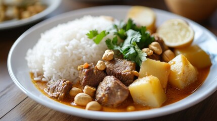 A traditional plate of Massaman curry, rich and aromatic with tender beef, potatoes, peanuts, and onions, served with fluffy Thai jasmine rice.