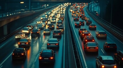 Fototapeta premium A traffic jam on an expressway during rush hour, with vehicles packed tightly and brake lights glowing, capturing urban congestion and its impact.