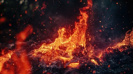 Close-up of blazing fire, with bright red and orange flames licking upwards against a dark, black backdrop.