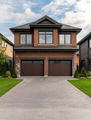 Fototapeta premium Modern brick house with large windows and double garage, surrounded by green lawn and stylish walkways.