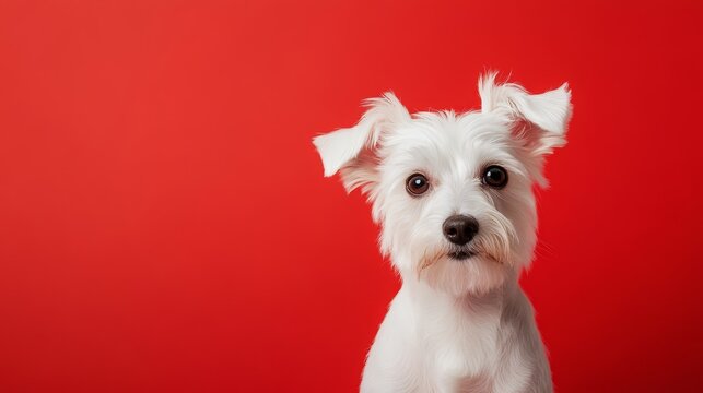 A white dog with fluffy white fur looks directly at the camera with a curious expression. The dog is set against a bright red background, creating a vibrant contrast. The image symbolizes playfulness,