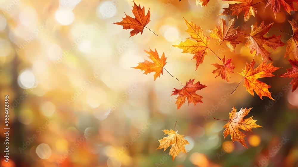 Wall mural autumnal theme with flying maple leaves on an autumn background.