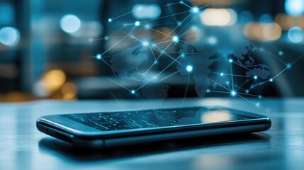 A smartphone in the foreground highlights a digital network overlaying a blurred world map, illustrating global connectivity and communication across borders