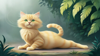 Relaxed cat in yoga pose amidst lush greenery - calming pet illustration for wellness inspiration