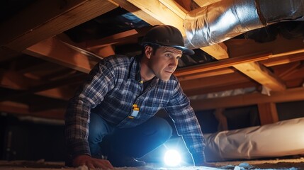 A man inspects an attic space using a flashlight while wearing a hard hat and checking the structure for damage and safety - Powered by Adobe