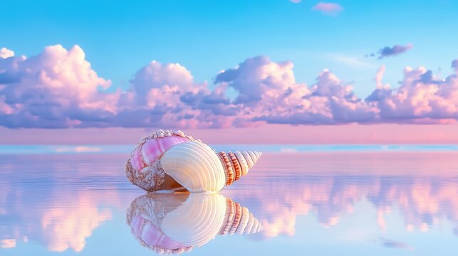 A serene beach scene featuring a beautiful seashell reflecting in calm waters with pastel skies and fluffy clouds above.
