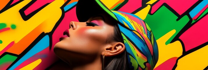 Naklejka premium A young woman with a bright, colorful makeup look and a vibrant graffiti patterned baseball cap poses against a bold abstract background of vibrant yellow, red, green and blue hues. The photo symboliz