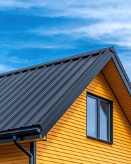 Vibrant yellow house with a modern metal roof under a clear blue sky, showcasing contemporary architecture and design.