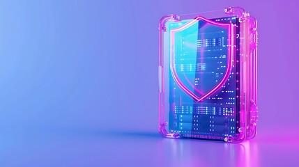 Digital shield icon on a futuristic background symbolizing cybersecurity and data protection in a high-tech, holographic design.