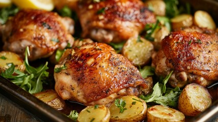 A tray of tender chicken thighs roasted with lemon, garlic, and herbs, served with roasted potatoes and a side salad, a simple yet elegant meal.