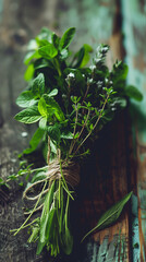 Obraz premium Bundle of Fresh Herbs Tied with Twine on Rustic Wooden Surface