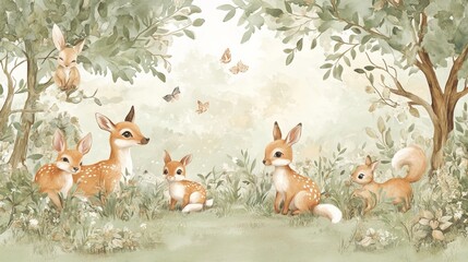 Bring the magic of the forest into your child's room with this enchanting wallpaper mural. Featuring adorable animals like deer, foxes, and bunnies frolicking amidst lush greenery