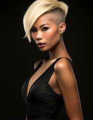 Fototapeta premium studio portrait of a blonde woman with short hair wearing a black dress with nude shoulders on black background, fashion photography