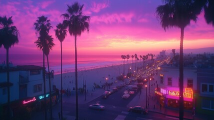 Obraz premium Sunset over a vibrant beachside road with palm trees lining the shore in a coastal town during twilight