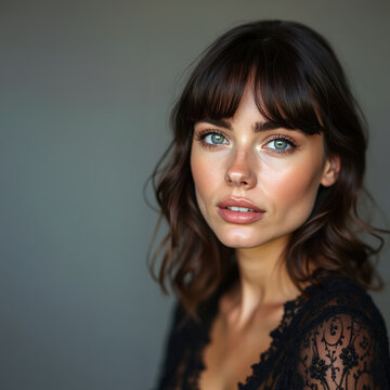 portrait de trois-quart d'une jolie femme brune cheveux mi-long sur fond neutre
