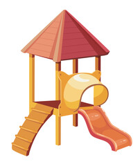 Children playground slide with a red roof yellow tube and red slide flat vector illustration for kids entertainment and outdoor activities equipment