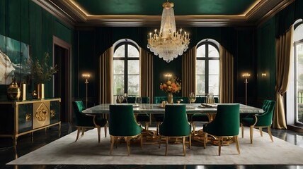 Fototapeta premium Luxurious dining room with a long marble table, velvet upholstered chairs, a grand chandelier, and elegant decor.