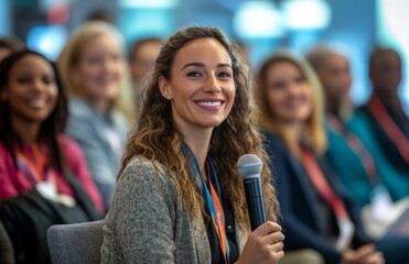 A diverse audience listens to a woman speaking on marketing at a business conference