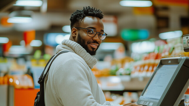 A Black man shopping at a self-service kiosk in a grocery store during the daytime