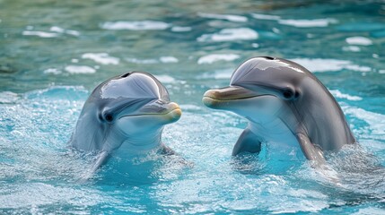 Dolphins, marine mammals renowned for their intelligence, exhibit playful and amiable behavior. Their sleek bodies, smooth skin, and distinctive curved dorsal fin complement their gray coloration. 
