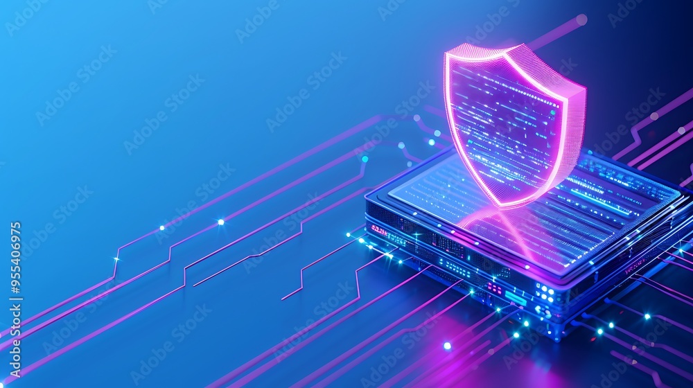 Poster digital shield protecting data server with glowing circuits, representing cybersecurity and data pro