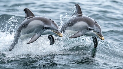 Fototapeta premium Dolphins, marine mammals renowned for their intelligence, exhibit playful and amiable behavior. Their sleek bodies, smooth skin, and distinctive curved dorsal fin complement their gray coloration. 