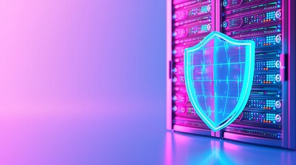 Digital shield protecting data server, symbolizing cybersecurity and data protection in a technologically advanced environment.
