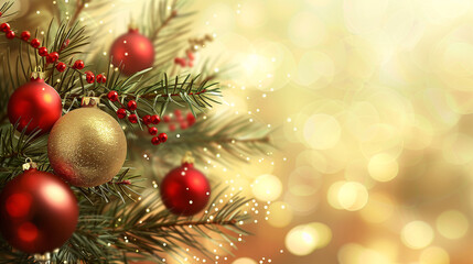 Obraz premium Christmas and New Year seasonal template background design with copy space for social media post. Close up of pine tree with ornament decorations on gold bokeh background.