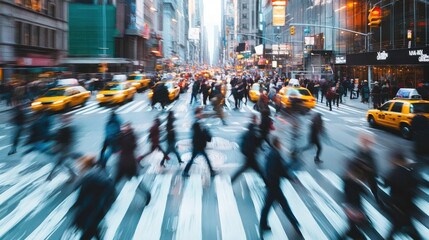 Blurred busy New York City street scene with people crossing an intersection.