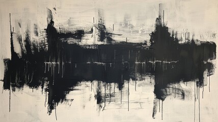 Abstract painting featuring bold black brushstrokes on a white background