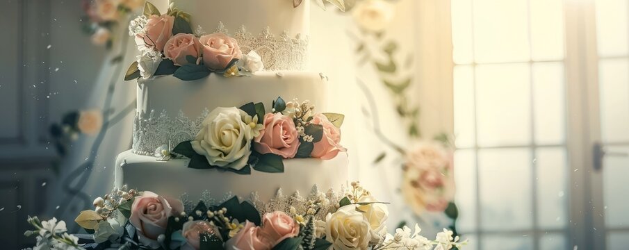 Elegant wedding cake with floral decorations, 4K hyperrealistic photo