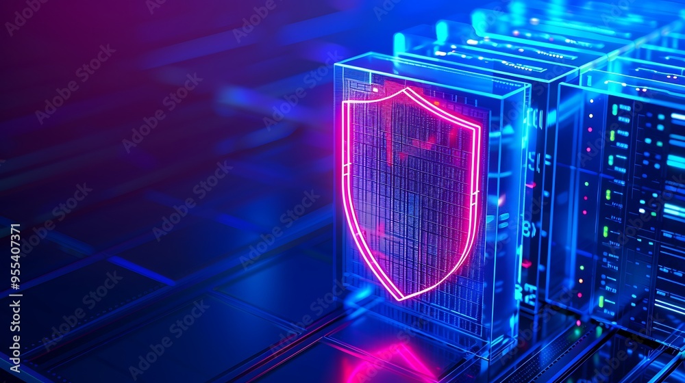 Poster digital shield protecting server data, representing cybersecurity and digital protection in a networ