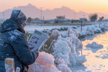A person reads a newspaper by a frozen lake during a serene winter sunrise near mountains