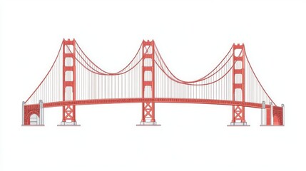 Fototapeta premium A parts diagram of the Golden Gate Bridge, showing the towers, cables, roadway, and anchorage points, detailed and structural, flat , isolated on white background