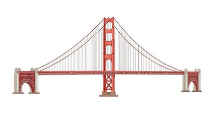 Obraz premium A parts diagram of the Golden Gate Bridge, showing the towers, cables, roadway, and anchorage points, detailed and structural, flat , isolated on white background